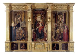Altertavlen af Sankt Ildefonso (død 667, biskop af Tolede) og Sankt Augustin af Hippo (ca. 354-430, berberfilosof og forfatter). Maleri af Jaume Baco dit Jacomart (1410-1461). Olie på træ, ca. 1450, renæssancekunst. Cathedrale Sainte Marie la Seu af Jacomart (c.1413-61) Baco
