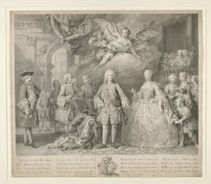 Ferdinand VI og hans dronning Maria Barbara af Braganza med Scarlatti og den berømte italienske kastrat Farinelli af Jacopo (after) Amigoni