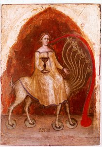 Venstre panel af Åbenbaringens Polyptykon: beten har syv hoveder og kvinden, der sidder på den, rig prostitueret. Detrempe på træ af Jacobello Alberegno (1367-1397 ca.) 1360-1390. Gallerie dell