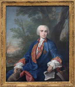 Soprankastraten Carlo Broschi, kaldet Farinelli (1705-1782). Sangeren bærer medaljen af ordenen Calatrava, på partituret han holder i hånden, nogle mål af operaen Zenobia af Gaetano Latilia. Maleri af Jacopo Amigoni (1682-1752), olie på
