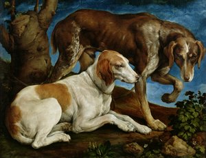 To jagthunde bundet til en træstub, ca. 1548-50