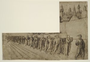 Jomfruens begravelse (brunt blæk over sort kridt på cremet antikt lagt papir) af Jacopo Bellini