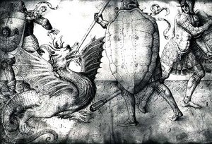Krigere, der kæmper mod en drage, ca. 1450 (blæk på vellum) af Jacopo Bellini