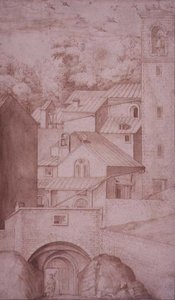 PD.53-1997 Udsigt over klosteret La Verna, indgangsporten og klokketårnet, ca. 1607-12 (vask, pen og blæk på papir) af Jacopo Ligozzi