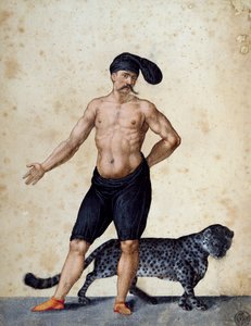 Ung afrikansk mand står forrest, halvt påklædt og med lang berretta (hue) på hovedet, med en tiger bag sig, tegning af Jacopo Ligozzi (1547-1627) af Jacopo Ligozzi