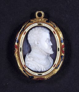 Portræt af kong Filip II af Spanien (1527-1598). Medaljon i calcedon af Jacopo Nizzola da Trezzo