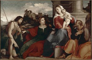 Hellig samtale. Repræsentation af den hellige familie med St. Catherine af Siena og St. Johannes Døberen. Maleri af Jacopo Negretti dit Palma il vecchio