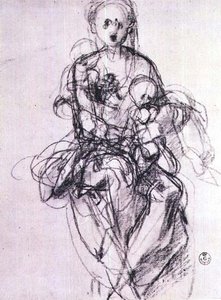 Studie af en Madonna og et barn (kridt) af Jacopo Pontormo