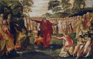 Moses slår på klippen, ca. 1555-70 (olie på lærred) af Jacopo Robusti (workshop of) Tintoretto