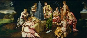 Konkurrence mellem Muser og Pierides, af Jacopo Robusti kendt som Tintoretto (1519-1594), olie på panel, 46x91 cm