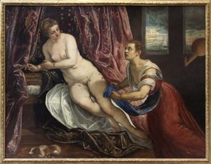 Danae, i græsk mytologi, datter af Acrisios, konge af Argos, låser han hende i frygt for oraklet, der forudsiger hans død af hans barnebarn. Fra hans forening med Zeus, der kom i form af en gylden regn, blev Persee født. Maleri af Jacopo Robusti, kendt som