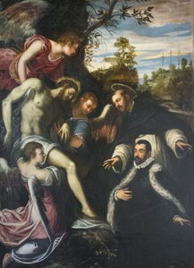 Død Kristus støttet af tre engle, Sankt Dominikus og donor af Jacopo Robusti Tintoretto