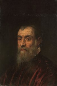 Portræt af en skægget mand, med brystlængde, i en rød kjole af Jacopo Robusti Tintoretto