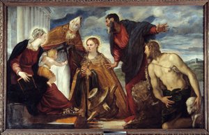 Jomfruen og barnet med Saint Catherine, Saint Augustine, Saint Mark, Saint John the Baptist Maleri af Jacopo Robusti dit Il Tontoretto (Tintoret) 1549 Søn. 1,93x3,14 m Lyon, Musee des Beaux Arts af Jacopo Robusti Tintoretto