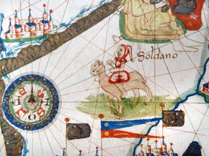 En arabisk handelsmand på en kamel, detalje fra et renæssancekort over Europa, Jacopo Russo (efter) 1528