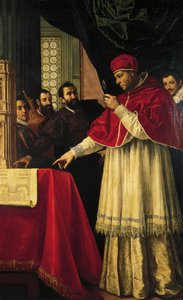 Michelangelo præsenterer modeller til facaden på San Lorenzo, Laurentian Library og Medici-gravene for pave Leo X og kardinal Giulio de Medici. af Jacopo da Empoli (and workshop)