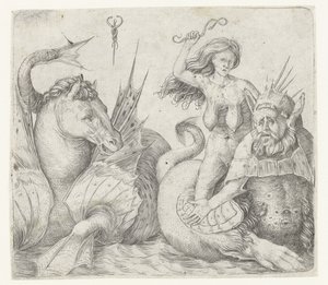 Gammel kvinde på bagsiden af ​​triton ved siden af ​​hippocampus Fury på bagsiden af ​​triton