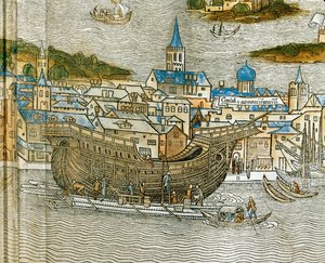 Bygning af en galej på et skibsværft i Venedig, fra Peregrinatio in Terram Sanctam, først trykt på latin i 1486 ... (træsnit)