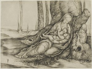 Jomfruen og barnet ligger op ad et træ af Jacopo de