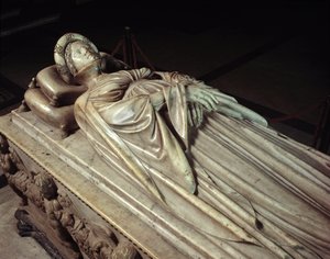 Liggende af Ilaria del Carretto (1379-1405), hustru til Paolo Guinigi (1376-1432) italiensk politiker (Ilaria del Carrettos begravelsesmonument, kone til Paolo Guinigi) Marmorskulptur af Jacopo della Quercia (1371 / 74-1438-) 14068 1407 Lucca (Lucca), kate