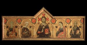 Polyptykon med forløser og helgener: Forløseren (Jesus med Jomfruen, Sankt Peter, Sankt Johannes evangelisten og Sankt Paulus) - olie på panel