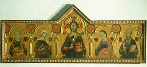 Forløseren med Madonnaen og tre hellige, af Meliore Toscano eller Meliore di Jacopo (ca 1255-1285), tempera og guld på panel, 85x210 cm, detalje