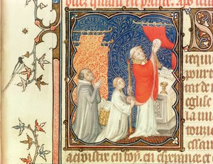 Ms Lat 18014 Jean de France (1340-1416) Hertug af Berry beder før hævningen af værten, fra Les Petites Heures de Duc de Berry, ca. 1385-90