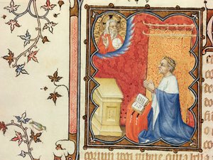 Ms Lat 18014 Jean de France (1340-1416) Hertug af Berry beder foran den evige fader, fra Les Petites Heures de Duc de Berry, ca. 1385-90