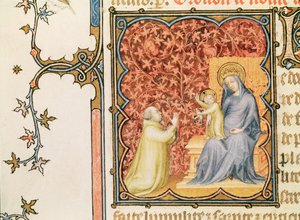 Ms Lat 18014 Jean de France (1340-1416) Hertug af Berry beder foran Jomfruen og Barnet, fra Les Petites Heures de Duc de Berry, ca. 1385-90