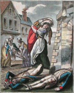 Kvinder, der hjælper tilskadekomne under den franske revolution, graveret af Labrousse, ca. 1795 (farvet gravering)
