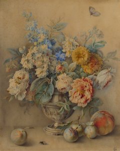 Blomster i en sølvstøbemaskine, frugt i forgrunden, 1700-tallet.