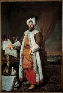 Portræt i fuld længde af Mehemet Said Pasha Bey de Roumelie, ambassadør for Sultan Mahmud (Mahmoud) I til Versailles i 1742 Maleri af Jacques Andre Joseph Ave, dit le Camelot eller Avet le Batave (1702-1766)