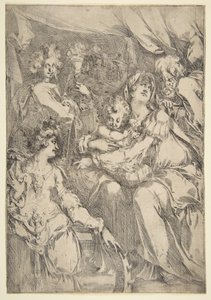 Den hellige familie med Saint Catherine, Saint John the Evangelist and an Angel, 1612-16. af Jacques Bellange