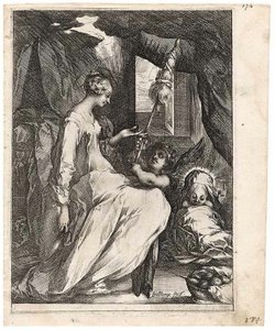Jomfruen og Barnet med Distaff og en engel af Jacques Bellange