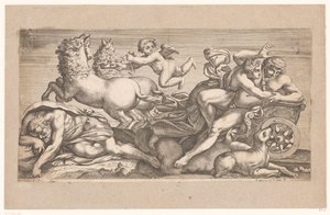 Cephalus taget af Aurora i sin vogn Mytologiske scener efter fresker i Palazzo Farnese i Rom (serietitel) af Jacques Belly