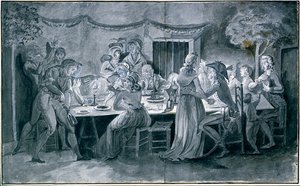 Bryllupsmiddag under revolutionen Tegning af Jacques Bertaux (1745-1818) Paris.