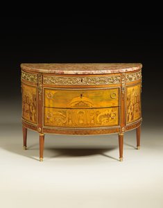 Louis XVI kommode, ca. 1770-75 (ormolu monteret tulipantræ, frugttræ, platan, amarant og perlemor) (se også 714754-55)