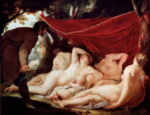 Kom og Gracierne overrasket af en dødelig. Maleri af Jacques Blanchard (1600-1638). Mål: 170x218 cm. Louvre-museet