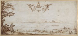 En udsigt over Toul på tværs af sletten, landskab med figurer, himlen med armene af porceller (pen og brunt blæk på vellum) af Jacques Callot