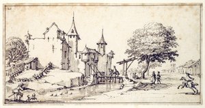 Et slot med vindebro (pen og brunt blæk på papir) af Jacques Callot
