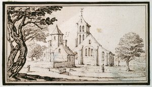 En kirke i Lorraine og en nabobygning (pen og brun blæk på papir) af Jacques Callot