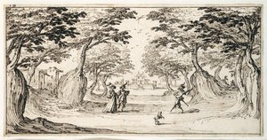 En fin dame og herre, der danser i skoven til en lut, et slot i det fjerne (pen & brunt blæk på papir) af Jacques Callot
