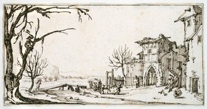 En høvogn bliver bragt til middelalderporten til en landsby, en mand, der klipper en gren, fra et album tilhørende Israel Silvestre, ca. 1630 (pen og blæk på papir) af Jacques Callot