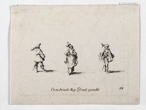 En dame med fjerhat og to kavalerer, fra ... (kobberstik) af Jacques Callot