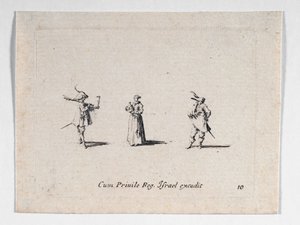 En dame med en vinflaske og to kavalerer, fra ... (kobberstik) af Jacques Callot
