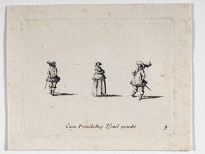 En dame med korslagte arme og to kavalerer, fra ... (stik) af Jacques Callot