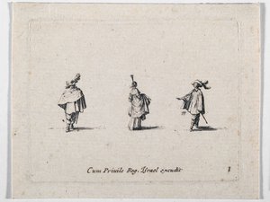 En dame med rynket skørt og to kavalerer, fra Les Fantaisies de Noble J. Callot ... (kobberstik) af Jacques Callot