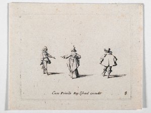 En dame med udstrakt hånd, set bagfra, og to kavalerer, fra Les Fantaisies de Noble J. Callot ... (kobberstik) af Jacques Callot