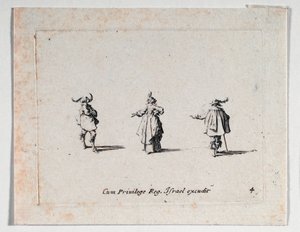 En dame med udstrakt hånd og to kavalerer, fra ... (kobberstik) af Jacques Callot