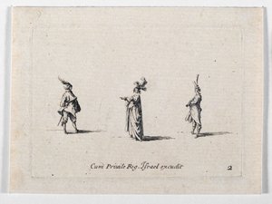 En dame med fjerhat og to kavalerer, fra ... (kobberstik) af Jacques Callot
